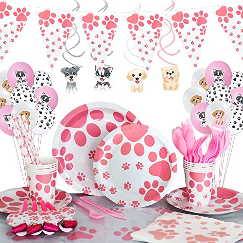 Pink Dog Paw Prints Party Supplies, Pink Dog Paw Prints Theme Tableware Set Including Pink Dog Paw Paper Plates Cups Napkins Straws For Dog Birthday Baby Shower Party #TOP3