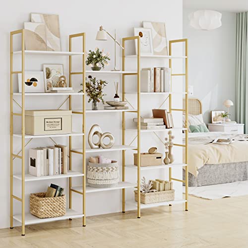 Finetones Triple Wide 5-Tier Bookshelf, Large Industrial Bookcase With Metal Frame, 68.5 X 11.8 X 68.1 In, Tall Open Storage And Display Rack For Home Office, White And Gold #TOP1