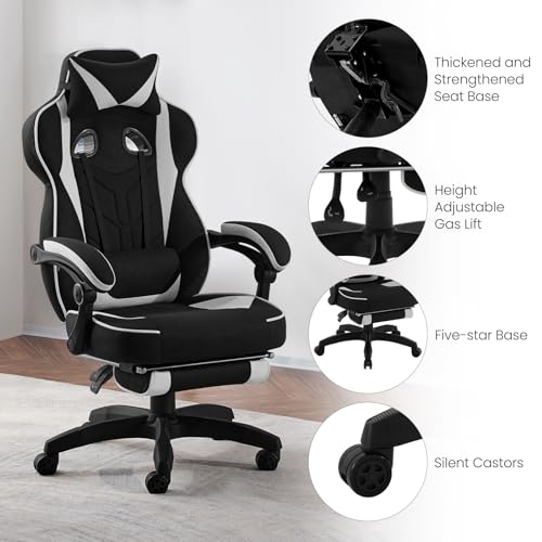 Sedia Gaming Tessuto Traspirante Sedia Ufficio Ergonomica con Poggiapiedi Poltrona Gaming Girevole con Schienale & Sedile Grandi per Persone di Taglia Grande, Nero+Grigio, GS02gr - Sedia gaming - Immagine 7