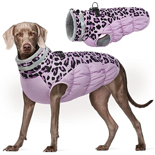 Kuoser Warm Dog Jacket, Reflective Dog Coat, Windproof Dog Coat for Small Dogs, Fashionable Dog Coat for Large Dogs, Dog Winter Coat, Dog Coat with Harness, Purple, XL