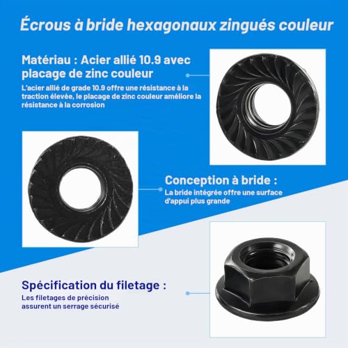 YIIFLY M8 pas 1,25mm Écrous à flasque hexagonaux dentés, acier allié classe 10.9 traité thermiquement, fini noir oxyde, 25 pièces – vue 3
