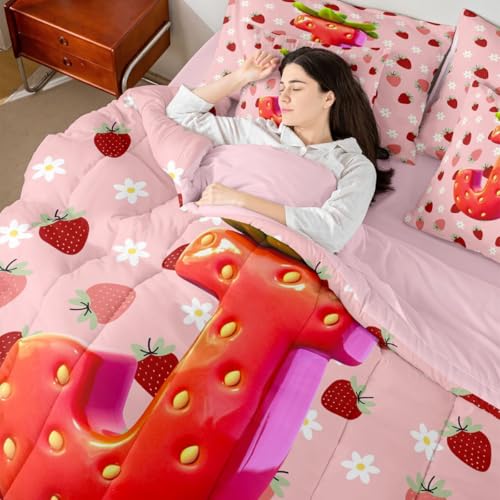 Image of Feelyou Cute Girls Strawberry Comforter Set Full Size 7 Pieces Pink Red Princess Strawberry Bedding Set Kids Initial Letter J Bed in a Bag with Comforter, Sheets, Pillowcases, Cushion Covers
