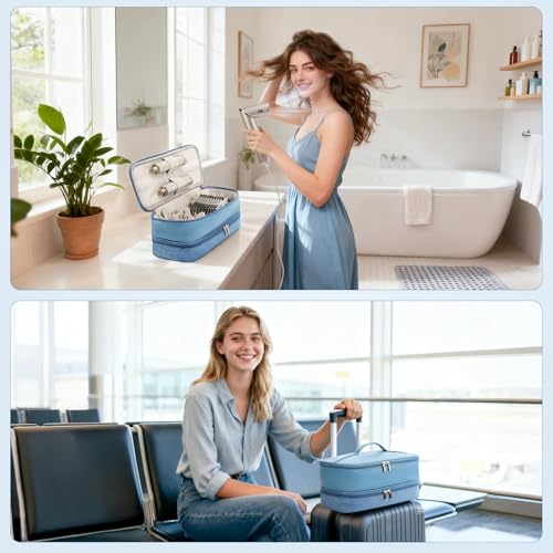 Image of Travel Hair Dryer Case for Shark Flexstyle, Double-Layer Carrying Case for Shark Flex Style Blow Dryer, Portable Hair Tools Storage Organizer Bag for Shark Beauty Hairdryer Attchments (Misty Blue)