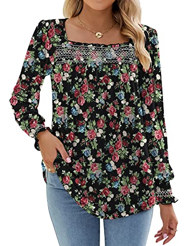 Flattering Bateau Tops For Women Long Sleeve Round Neck Casual Work Winter Tunic & Blouses Smocked Cuff Pleated Fall Shirts Black Red Floral M #TOP1