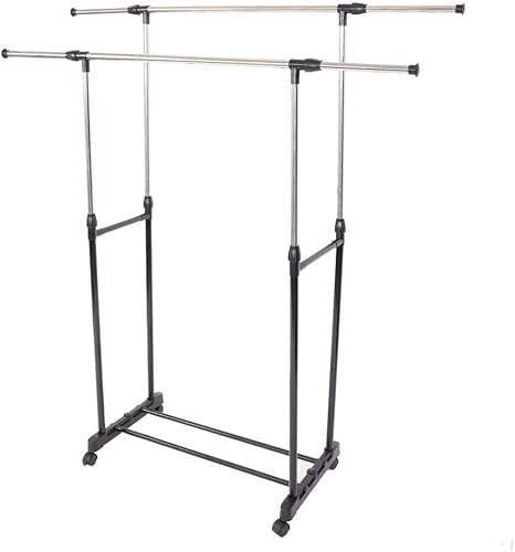 Guangshuohui Perchero para ropa, armario de doble barra con ruedas y estantes inferiores, negro y plateado (A)