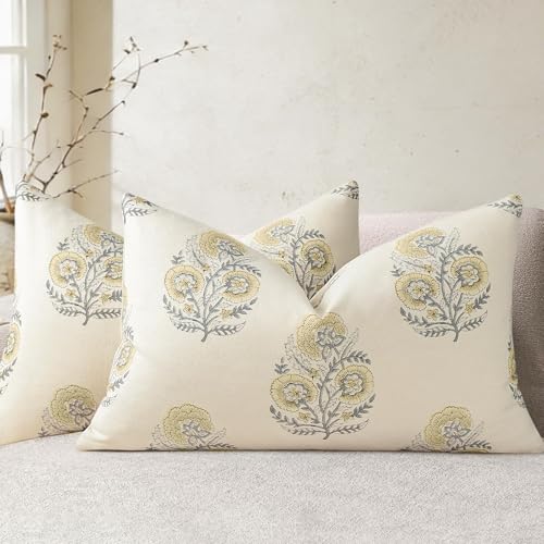 Image of Summer Vintage Floral Print Pillow Covers 12x20 Set of 2 Patterned Accent Decorative Cushion Covers Modern Farmhouse Throw Pillow Covers for Sofa Couch Chair Bed Living Room Home Decor, Mellow Yellow