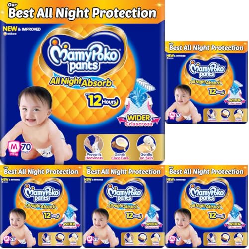 Image of Mamypoko Pants All Night Absorb|Pant Style Baby Diapers Medium Size(M),70 Count,Ideal for 7-12Kgs|1 Diaper: Upto All Night Absorption|Wider Crisscross Sheet|Gentle Coco Care|12hr Leakage Protection