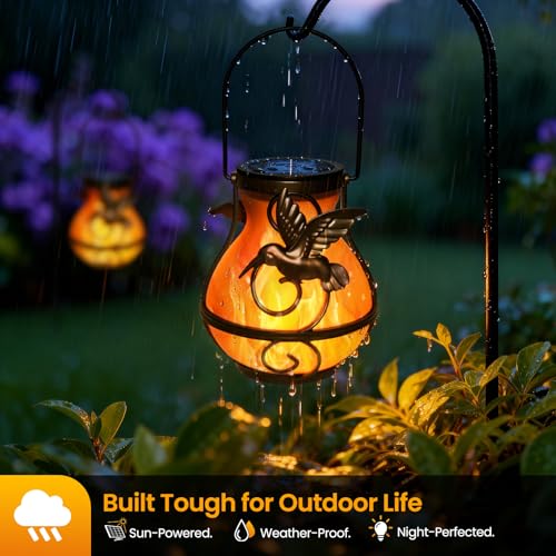 2 Pack Solar Lanterns Outdoor Waterproof, Plastic Flickering Flame Lights with Hummingbird Design, Hanging Solar Lantern for Patio, Porch & Garden Decoration, Gifts for Women, Mom by Zfiglum - Used condition - Image 5