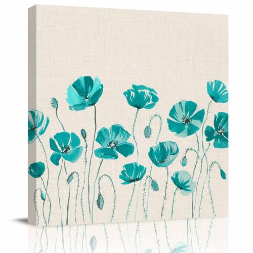 Teal Floral Canvas Wall Art, Watercolor Autumn Turquoise Wildflowers Plant