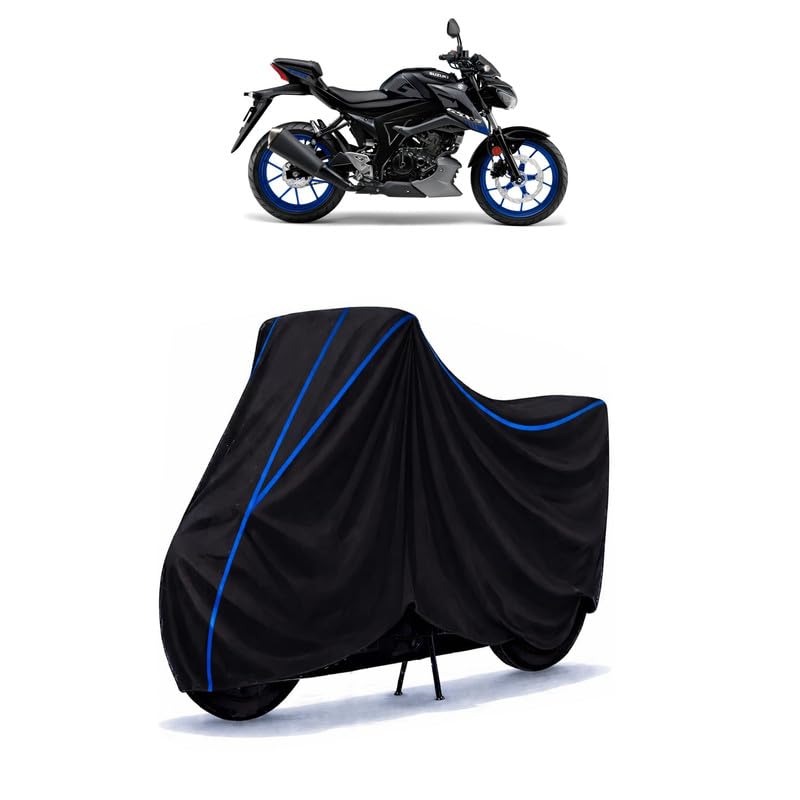 Image of Suzuki GSX Bike Cover Water Resistant Universal Motorcycle Rain | Heavy Duty UV Protection, Dust, Scratch Indoor Outdoor All Weather with Black Blue Piping Elastic