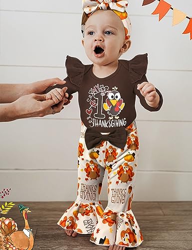 CRISONE Baby Girl Thanksgiving Outfit Long Sleeve Ruffle Romper + Turkey Pants + Headband + Hat 4pcs Clothes Set3