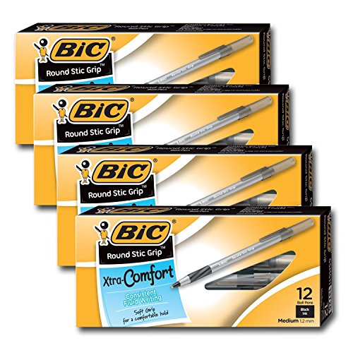 Image of Bic Ultra Round Stic Grip Ball Point Pens, Medium Point, 1.2 mm, Black Ink (48 Pens)