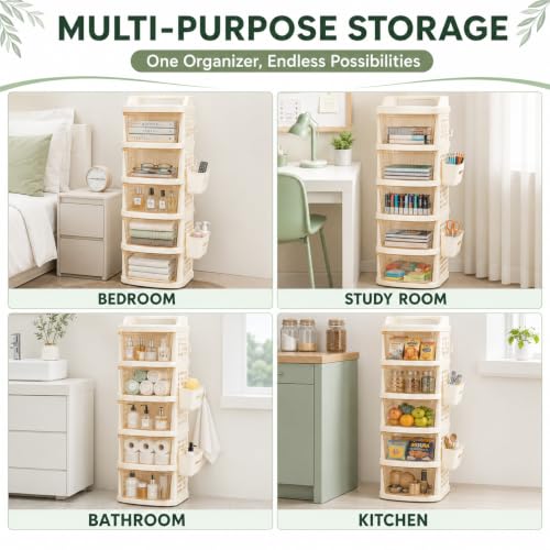 Image of Homeor 5 Tier Plastic Storage Drawer Cabinet with Wheels, Modular Chest of Drawers Organizer with Side Basket & Handle, Storage Trolley Rack for Home, Kitchen, Bedroom, Kids Room (Ivory Transparent)