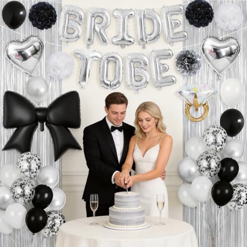 Image of Black Silver Bachelorette Party Decorations, Bride To Be Bridal Shower Kit