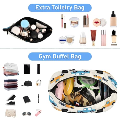 ALAZA Sports Duffel Bags with Toiletry Bag Set,Blue Yellow Car Truck Pattern Travel Duffel Bags Multi Pockets Weekend Bag4