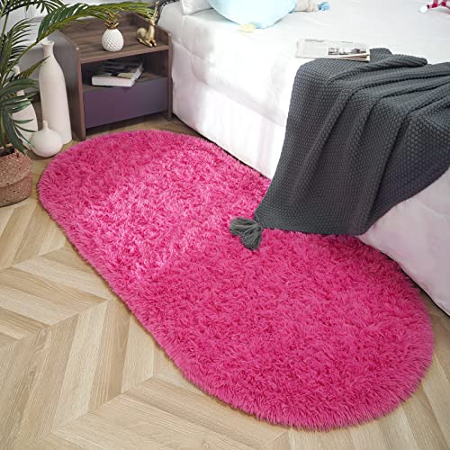 Iseau Oval Fluffy Rug Carpets, Modern Plush Shaggy Area Rug For Kids Bedroom Extra Comfy Cute Nursery Rug Bedside Rug For Boys Girls Room Home Decor Mats, 2.6 X 5.3Ft, Hot Pink #TOP6