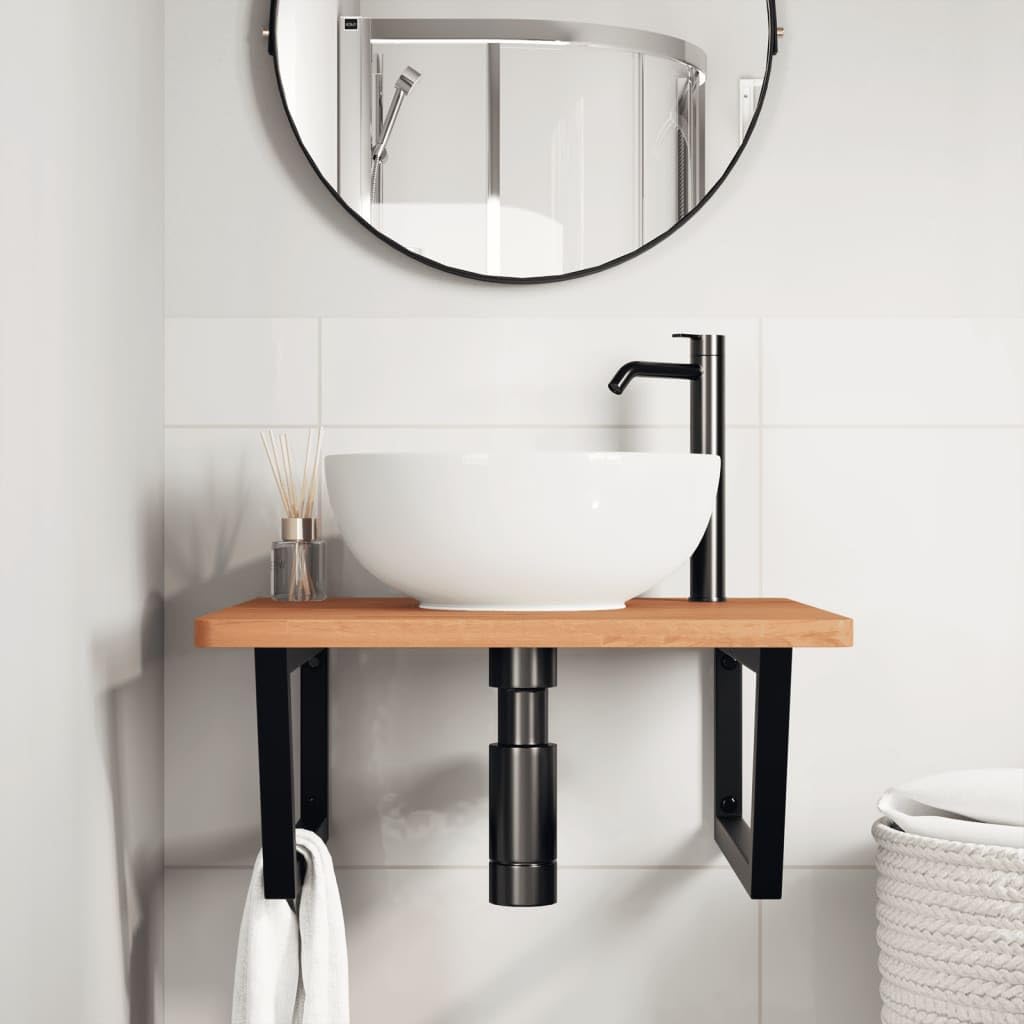 Scaffale per lavandino, montaggio a parete, in acciaio e legno massello di faggio, 60 x 60 x 2,5 cm, nero, stabile supporto trapezoidale, salvaspazio, con vano portaoggetti per bagno, WC degli