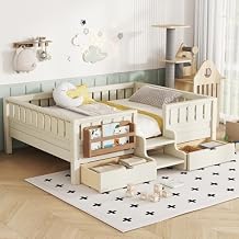 Bellemave Full Size Kids Montessori Bed with Stairs and Bookshelf,Solid Wood Full Size Kids Bed Frame with Drawers and Storage for Girls Boys,Low-Profile,Beige