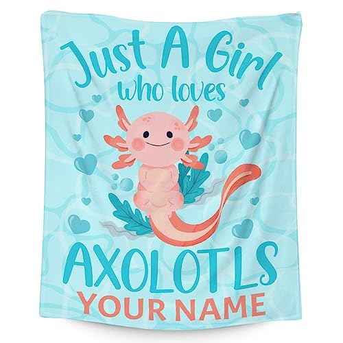 Girl Blanket - 40x50 Inches Personalized Cute Axolotl Throw - Blue Soft Fuzzy Blankets for Bed, Couch & Living Room