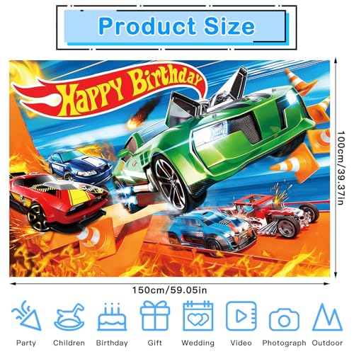 Hot Whee-l Happy Birthday Backdrop, Car Photography Backdrop Photo Background, Happy Birthday Banner Party Supplies for Kids Party Decorations 5x3FT