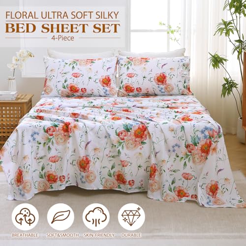 Image of MUXHOMO Full Size 4 Piece Sheet Set, Soft & Breathable Sheet Set for Bedroom with Deep Pocket Up to 16 inch, Wrinkle-Free & Cooling Bed Sheet with Flat Sheet, Fitted Sheet & Pillowcases - Blooming Rose