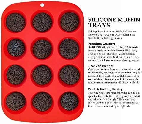 bakeinns Muffin Tray for Baking 12 Cups - Dishwasher Safe & Non-Stick Silicone Muffin Tin - Baking Mould for Muffins, Cupcakes & Yorkshire Puddings - Bakeware 34 x 23.5 x 3 cm (Red)
