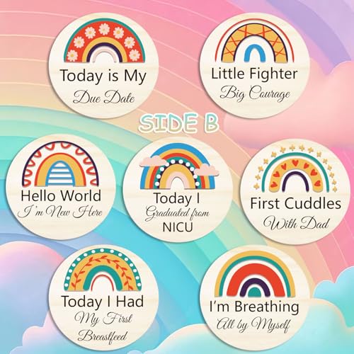 Image of NICU Milestone Cards Sign - Reversible Hospital to Home Journal Gift | 14 Designs Rainbow NICU Milestones Wooden Photo Props for Preemies, Celebrate NICU Baby's Special Milestone Moments