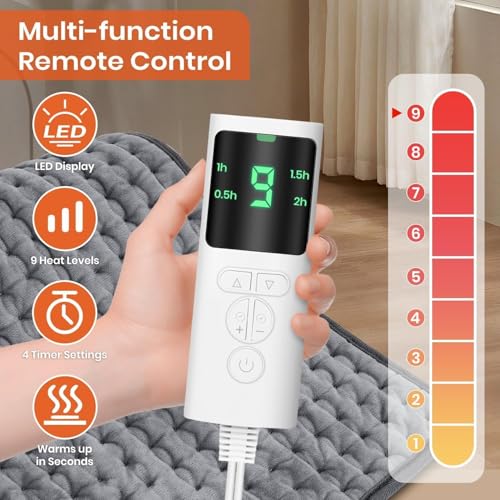 Image of Extra Large Electric Heating Pad for Back Neck Shoulder Pain Relief | 30 x 60 cm Heat Pad with 9 Heat Settings & 4 Auto Off Timers | Soft Washable Fabric for Cramps Menstrual Pain | Gray