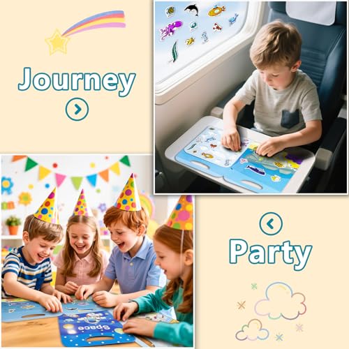 Image of Reusable Sticker Books for Toddlers 1-3, Puffy Stickers Book for Kids Ages 2-4, Toddler Travel Essential Activities Toys for Boys Girls Birthday Christmas - Ocean, Vehicles and Space (3 Set)