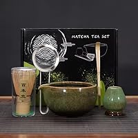 SAKURAMATCHA | Matcha Tee Set | 5er-Set aus Matcha Besen und Schaufel aus Bambus, Matcha Schale und Besenhalter aus Keramik und Sieb aus rostfreiem Edelstahl | Handwerklich angefertigt (Waldgrün)