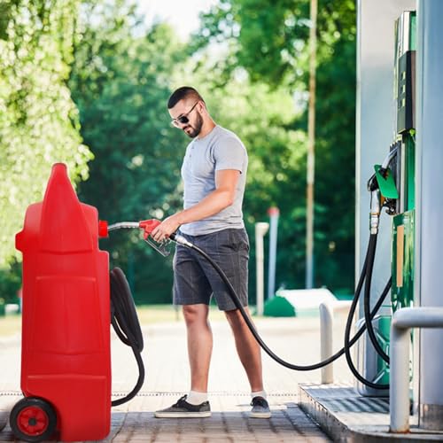 34 Gallon Portable Gas Fuel Tank Container Caddy with LE Fluid Transfer Siphon Pump and 10 foot Delivery Hose for Boats, Cars, Motorcycle, Lawn Mowers, ATVs, Red (130L)