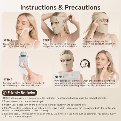 3D 9-Level Skincare LED Light Therapy Mask with 9 Light Waves 70LED/280Leds, Rechargeable Red Light Therapy Mask with Eye Protection Strip/Adjustable Strap/Remote Control/USB Cable/Storage Bag, Beige — view 6
