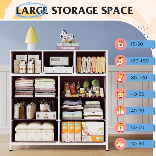 Image of WLIVE 9 Drawer Dresser, Fabric Storage Tower for Bedroom, Hallway, Closet, Tall Chest Organizer Unit for Bedroom with Fabric Bins, Steel Frame, Wood Top, Easy Pull Handle, A-Pink
