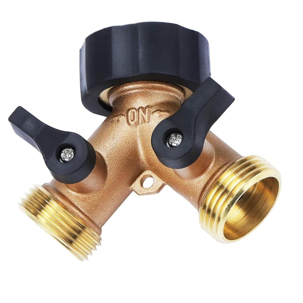 Uadme 2 Way Garden Hose Splitter, Y Tap Brass Diverter with Individual On/Off and Two 3/4 in Quick Connector