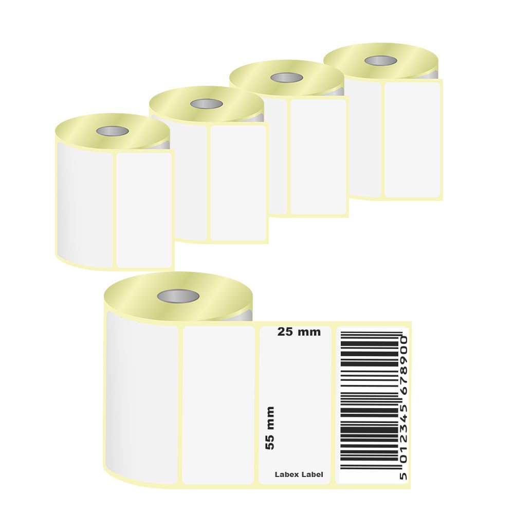 Etichette termiche 55x25mm su rotolo – Rotoli Etichette Prezzi Confezione Risparmio – 5 rotoli 5000 etichette – Senza nastro – TSC Godex compatibili – Labex Label