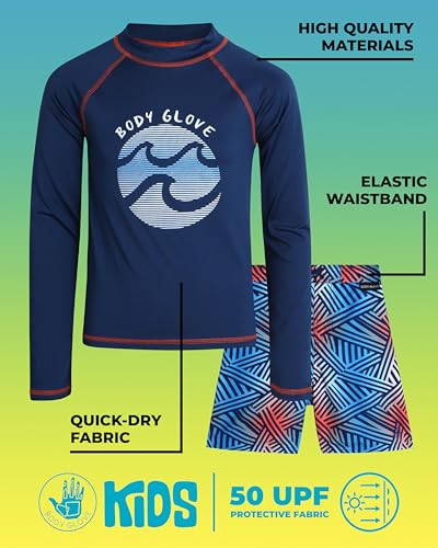 Image of Body Glove Boys Swim Set - 4 Piece UPF 50+ Swim Trunks and Rash Guard for Boys Kids Swimwear Set (Sizes: 4-12)