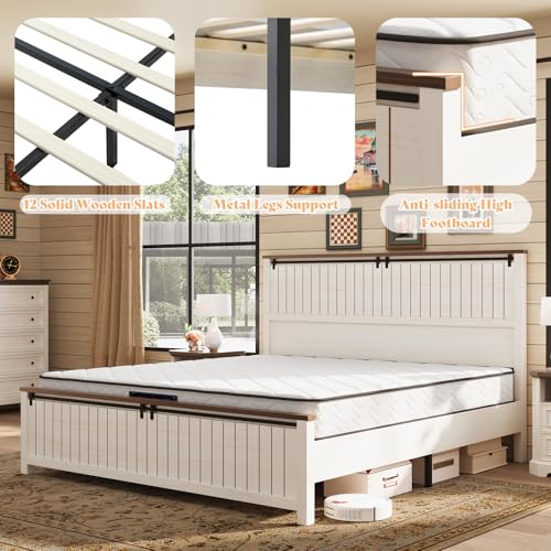 AMERLIFE Rustic Queen Size Bed Frame with Sliding Barn Door, 47 Tall Headboard, No Box Spring Needed, White