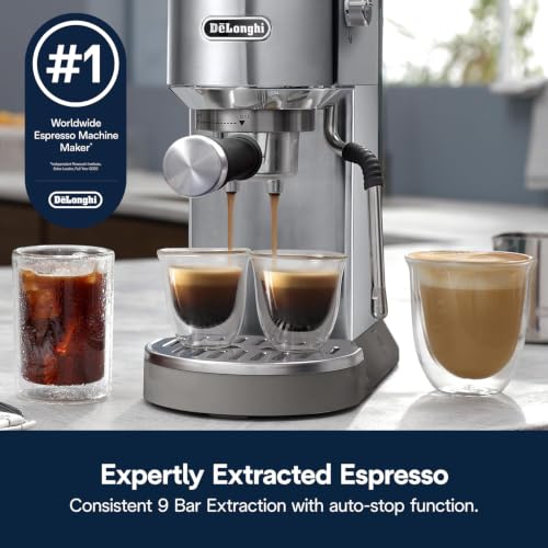 Image of De'Longhi Dedica Duo Cold Brew Espresso Machine with Milk Frother, 15 Bar Pressure, Original Italian Barista Style Coffee Maker, Make Espresso, Latte, Cappuccino & Ice Coffee, Stainless Steel, EC890M