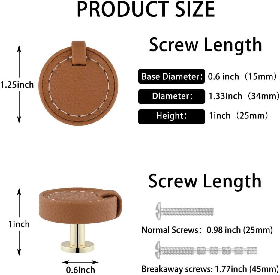 10 Pack Leather Drawer Pulls 1-1/3 inch (34 mm) Round Dresser Knobs for Cabinets and Drawers Leather Handle for Bathroom Drawers Cabinet Pulls for Kitchen（Light Brown）