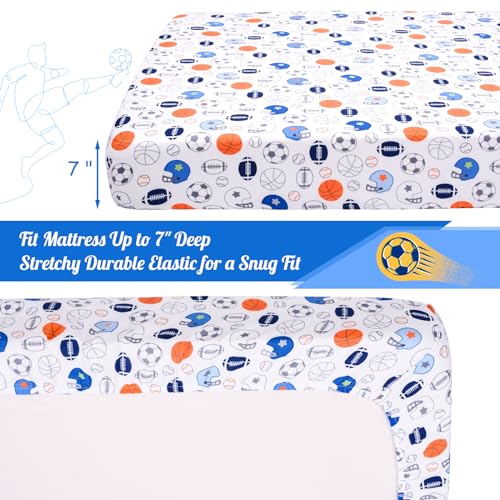 Image of Crib Sheet - 1 Pack Sports Theme Nursery Bedding Sheet - Footballs Printed Standard Size Infant Bed Sheet Basketball Baby Boy Bed Linens for Crib by UOMNY