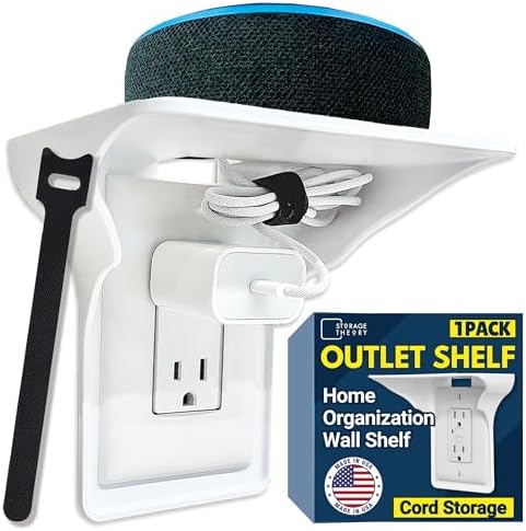 Power Perch Wall Outlet Shelf with Cord Storage Strap – Electric Toothbrush Holder for Bathroom Organization – Small Wall Shelf for Alexa Holder, Apple Homepod Mini Wall Mount – White, 1-Pack