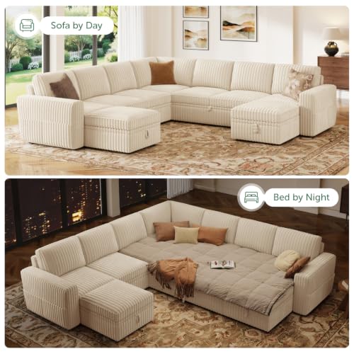 Image of HONBAY Modular Sectional Sleeper Sofa with Pull Out Bed Oversized Corduroy L Shaped Sofa Bed with Storage Couches for Living Room,Beige