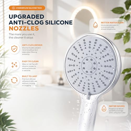 Image of Amazon Basics 5 Function Hand Shower for Bath with 1m Tube & Wall Hook | Anti-Clog Silicone Nozzels with High Pressure | Handshower for Bathroom | Silver- Full Set
