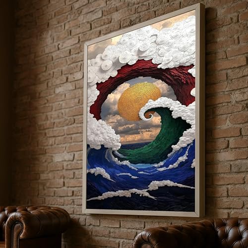 Pintura sobre lienzo de olas surrealistas y arte mural de nubes para decoración del hogar