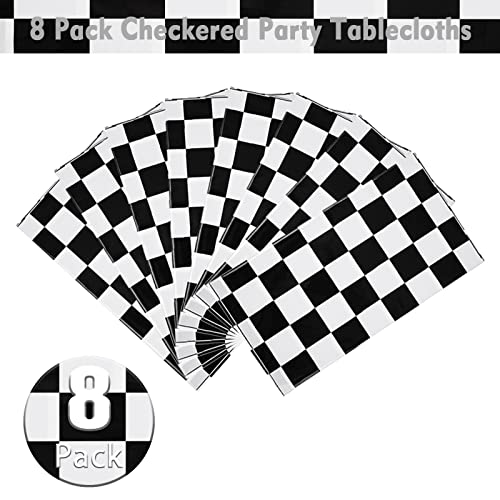 Image of Kesfey 8 Packs Black and White Checkered Tablecovers 54 x 108 Inches Disposable Party Picnic Table Cloth Splashproof Plastic Checkered Tablecovers for Camping Decoration Party Favors