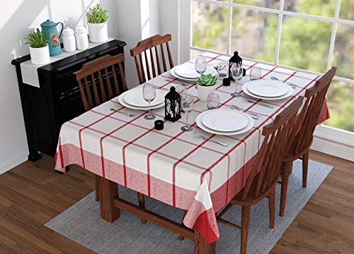 Image of Encasa XO Table Cloth (7 ft Long) for 6 Seater Large Center Dining Table - Red Checks with Borders - Heavy Homespun Eco-Cotton Fabric, Washable, for Home, Garden, Hotel & Restaurant