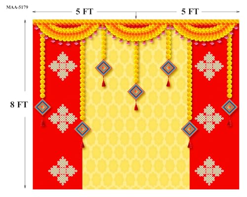 Image of zeonely mart Pooja Backdrop Cloth for Decorations Flower Background Decoration Cloth Size : (8 x 10) feet (red Yellow Kits 8x10 feet 4) Traditional Backdrop