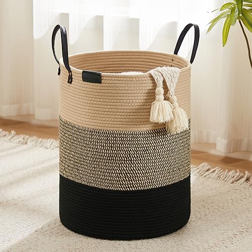 Image of YOUDENOVA Cotton Laundry Hamper, 58L - Woven Collapsible Clothes Storage Basket - Brown & Black