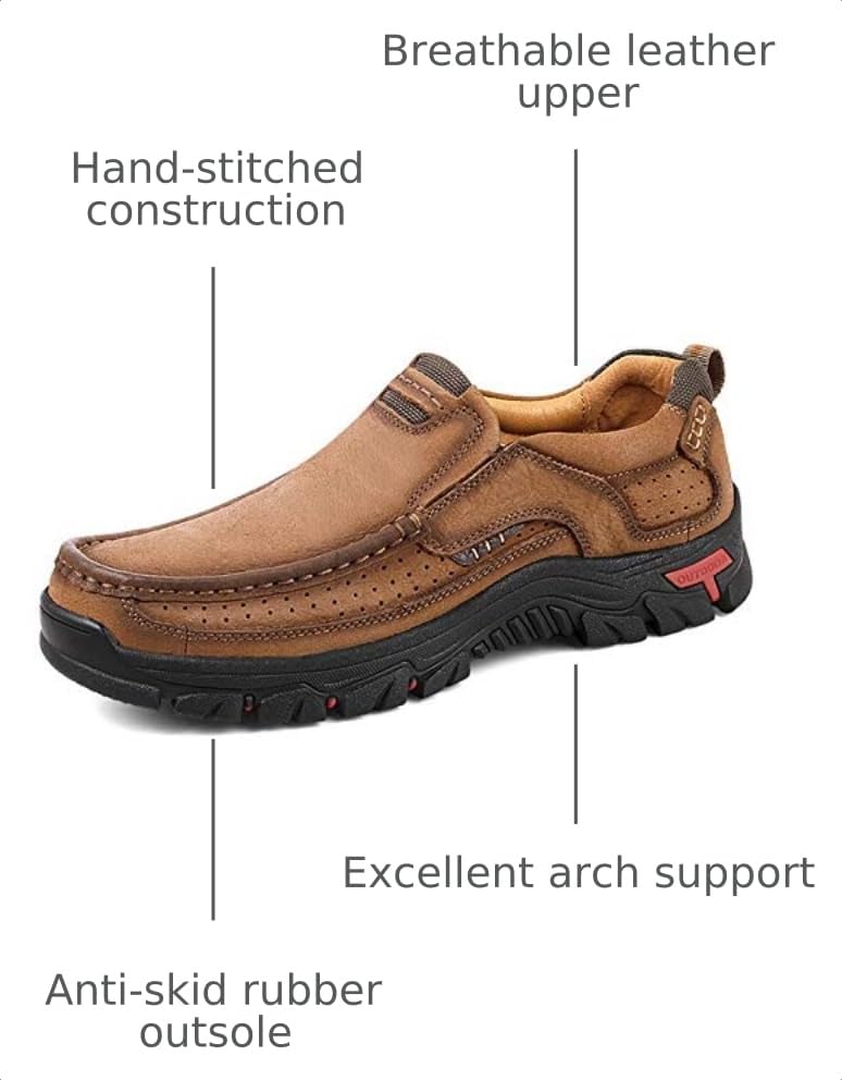 Image of COSIDRAM Men Walking Leather Shoes Sneakers Luxury Casual Slip On Loafers | Durable genuine leather upper, rugged non-slip outsole, suitable for outdoor hiking and daily casual commuting