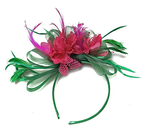 Caprilite Green and Fuchsia Hot Pink Fascinator Headband Net Hoop Feather Hair Wedding Royal Ascot Races